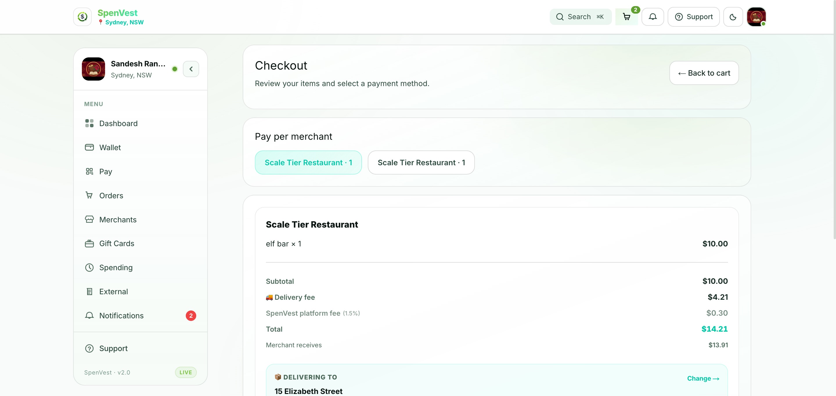 Checkout screen showing order summary, payment method selection, and SVC application