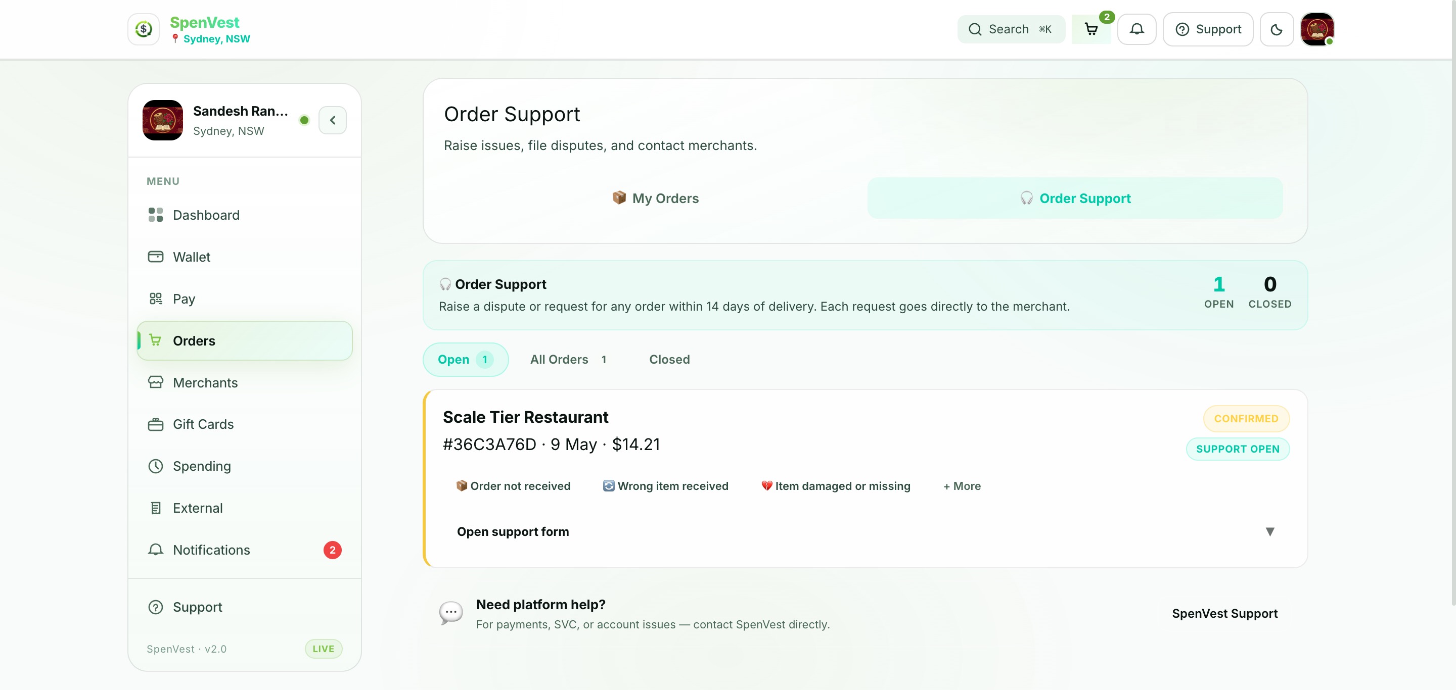 Order support screen showing options to report an issue, get help with a missing order, or contact merchant support