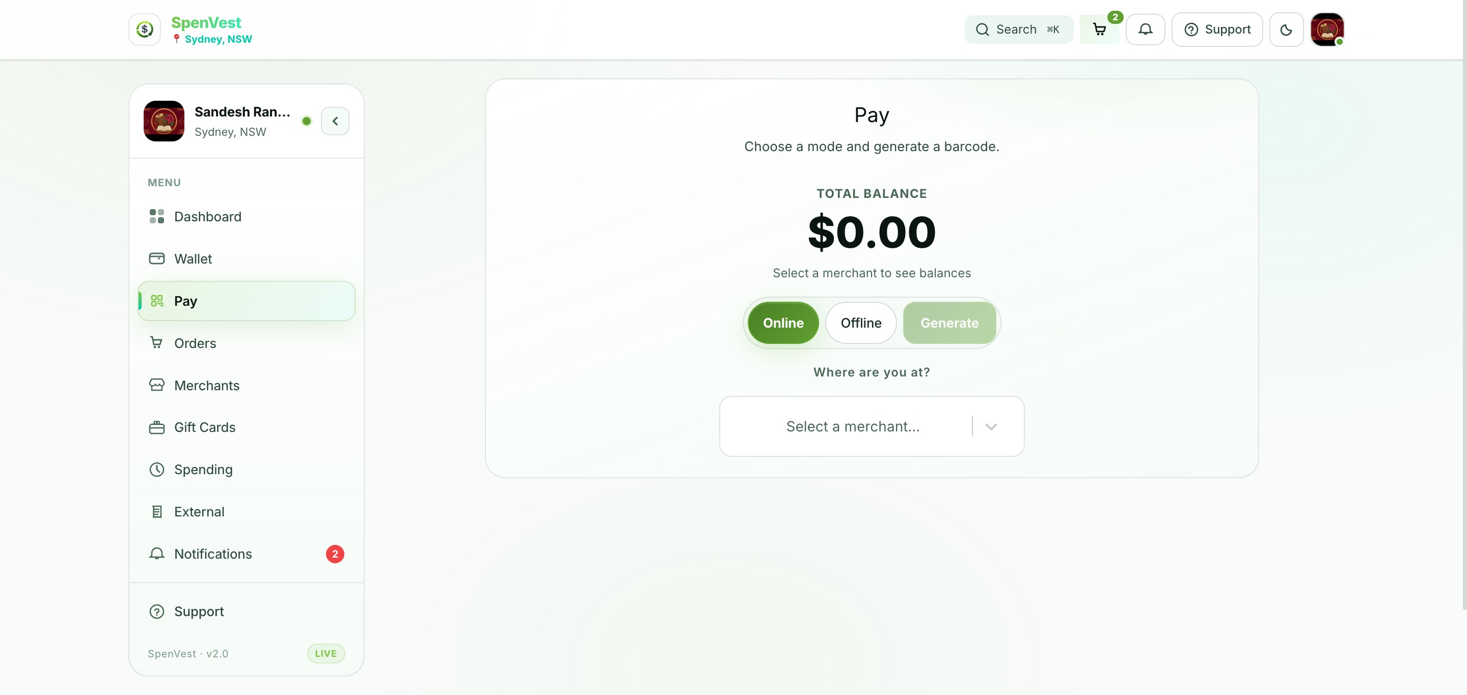 SpenVest Pay screen showing QR code generation, merchant selection, and barcode options
