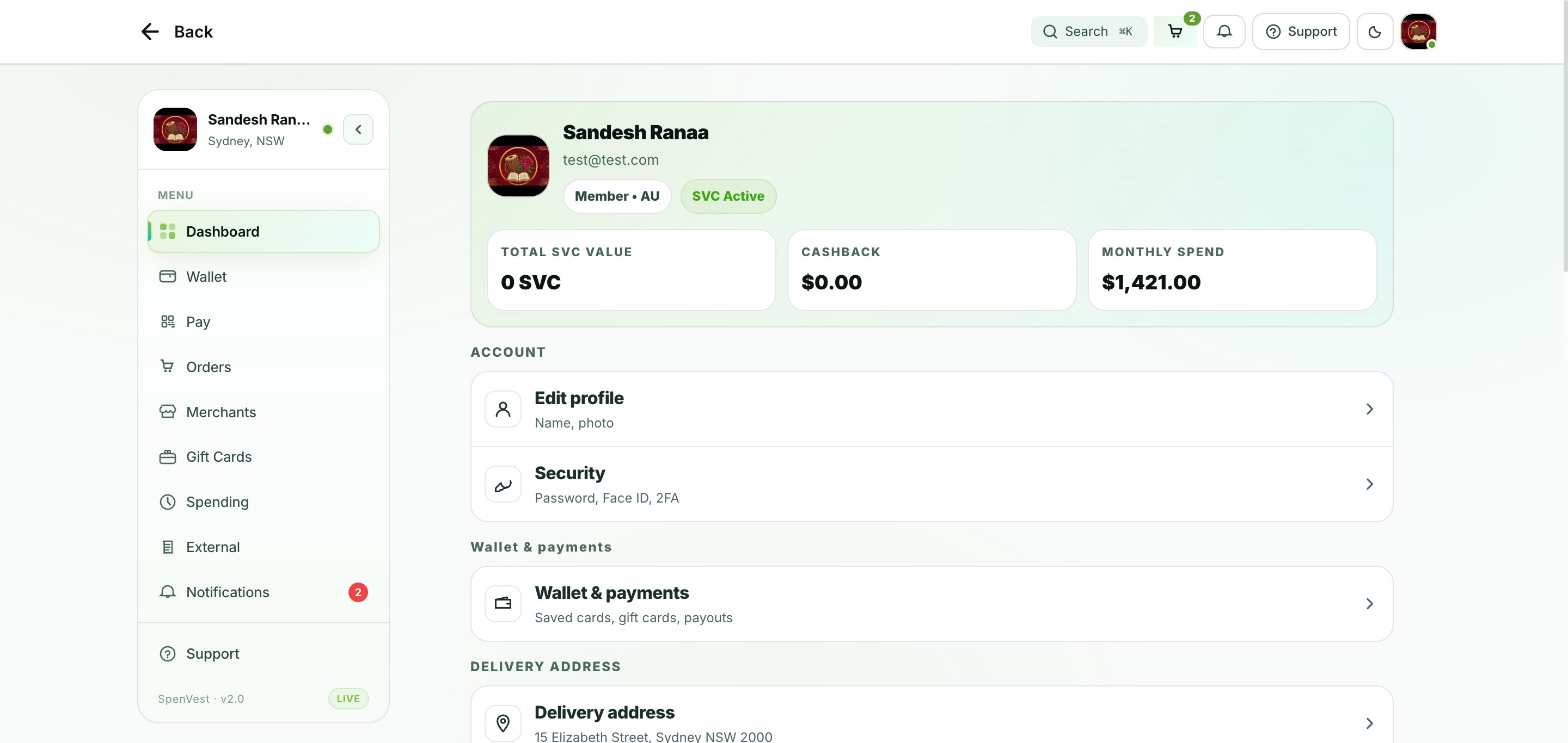 Account profile and security settings with password, notifications, and privacy controls