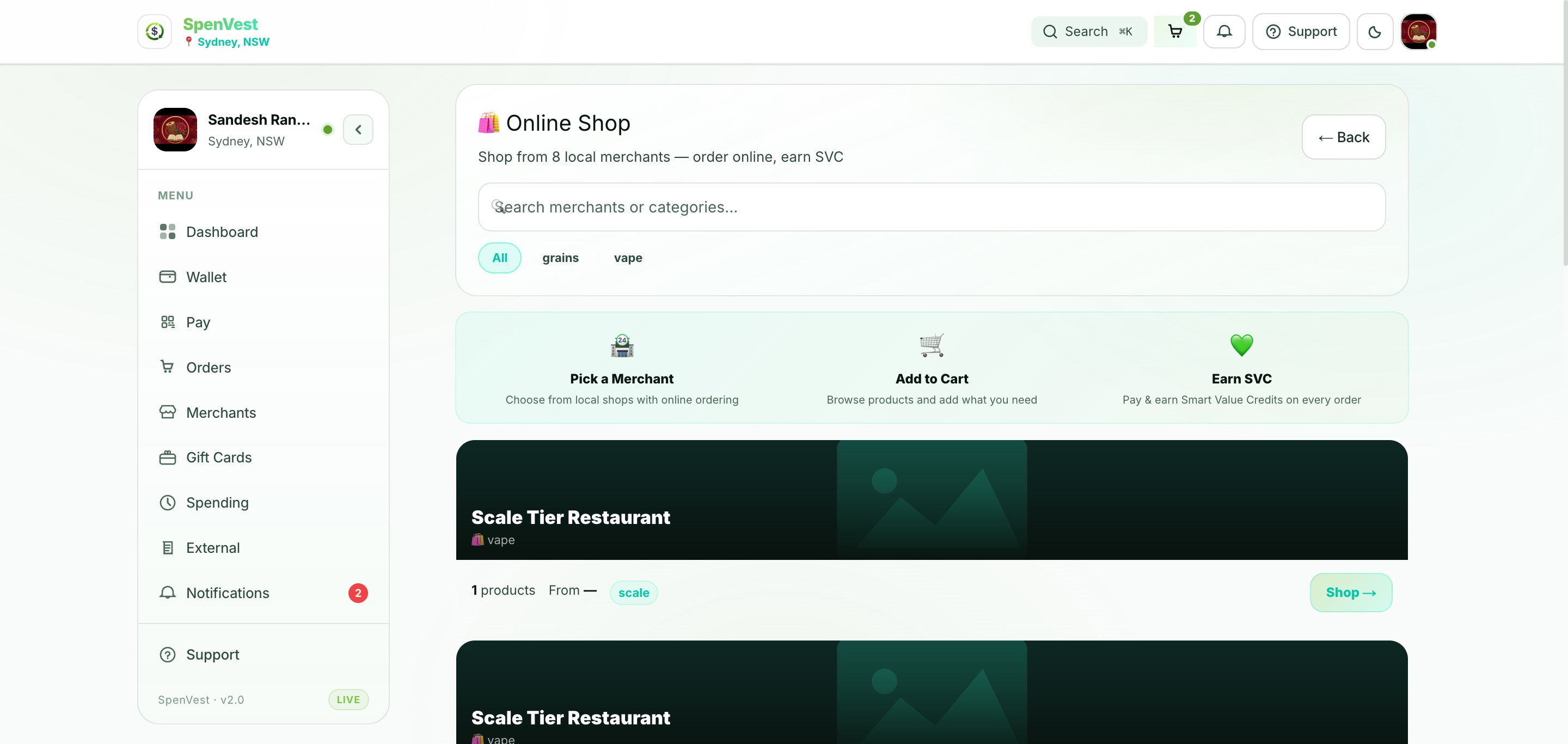 Online shop browsing page with products across multiple merchants, prices, and delivery options