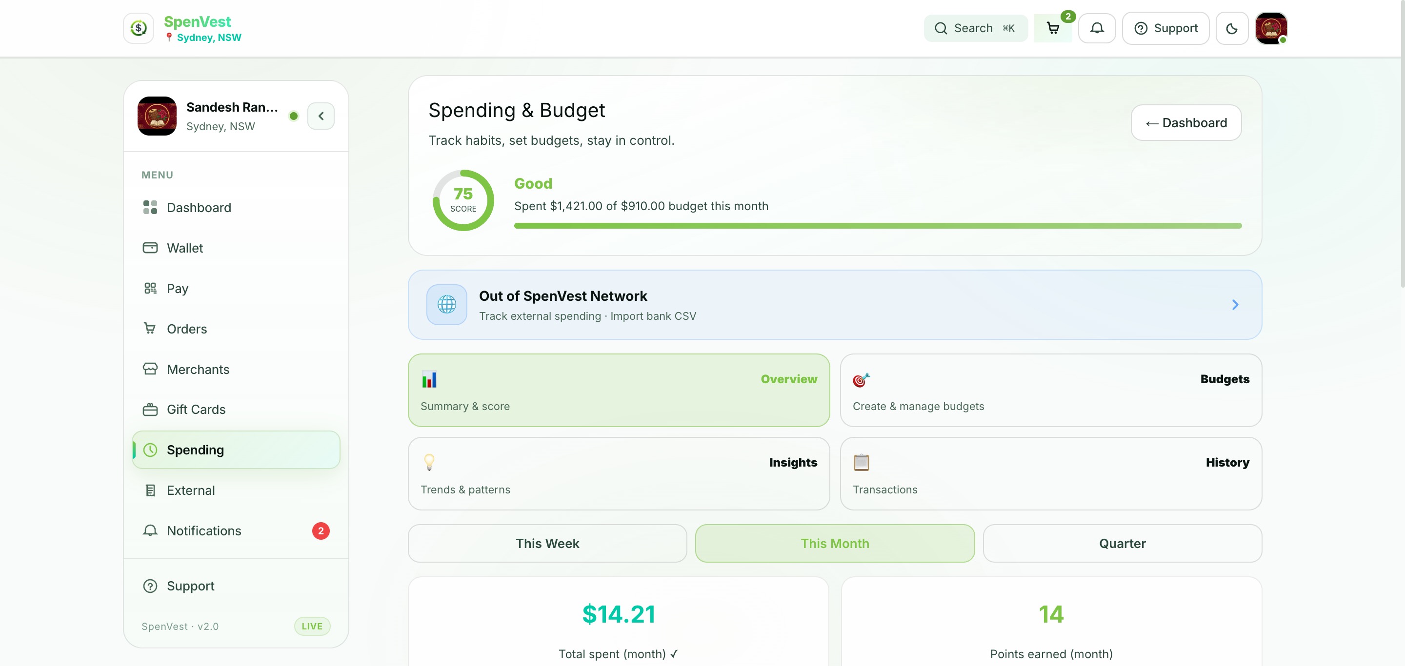 Spending and budget overview showing spending score, budget progress, trends, and points earned