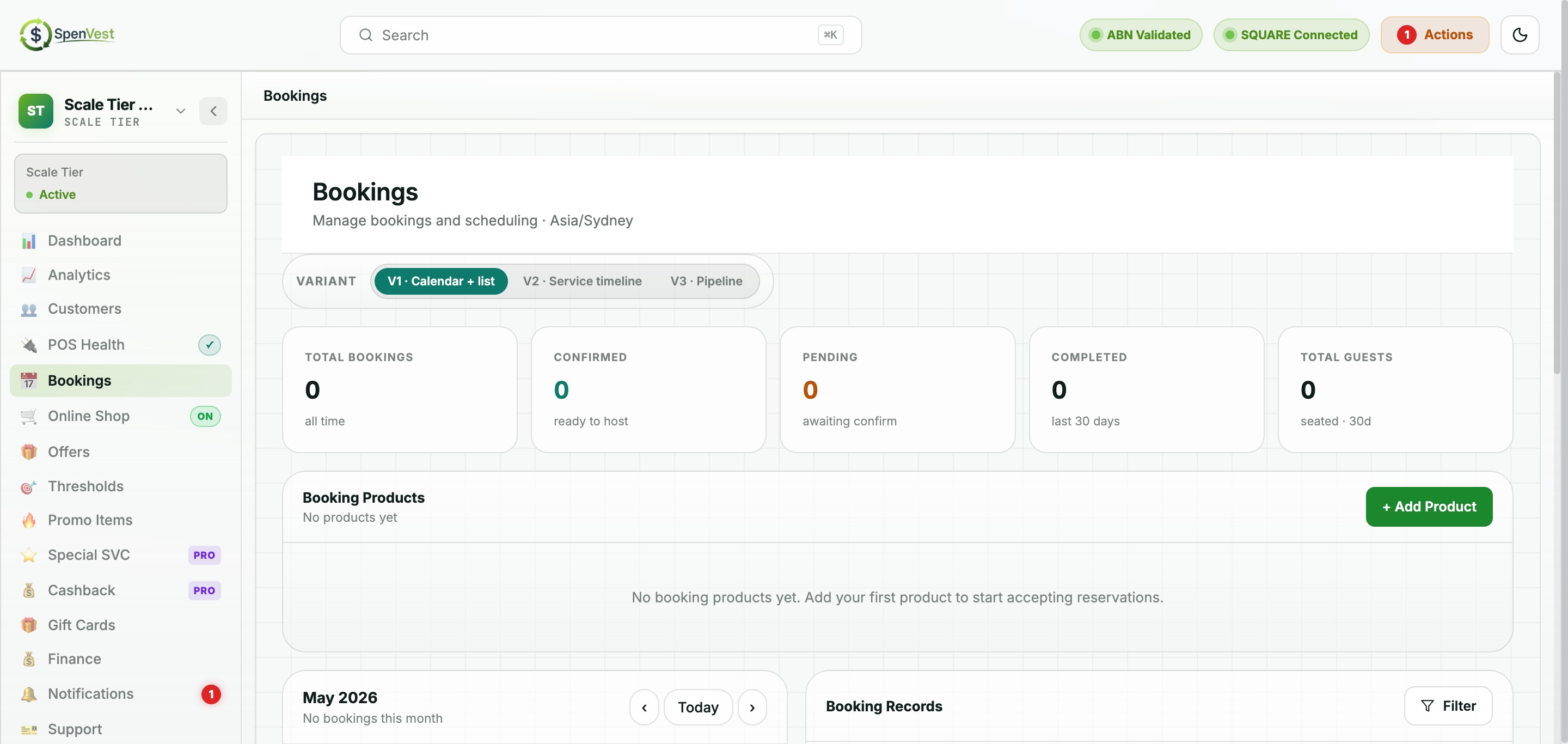 Bookings module showing reservation management for hospitality businesses