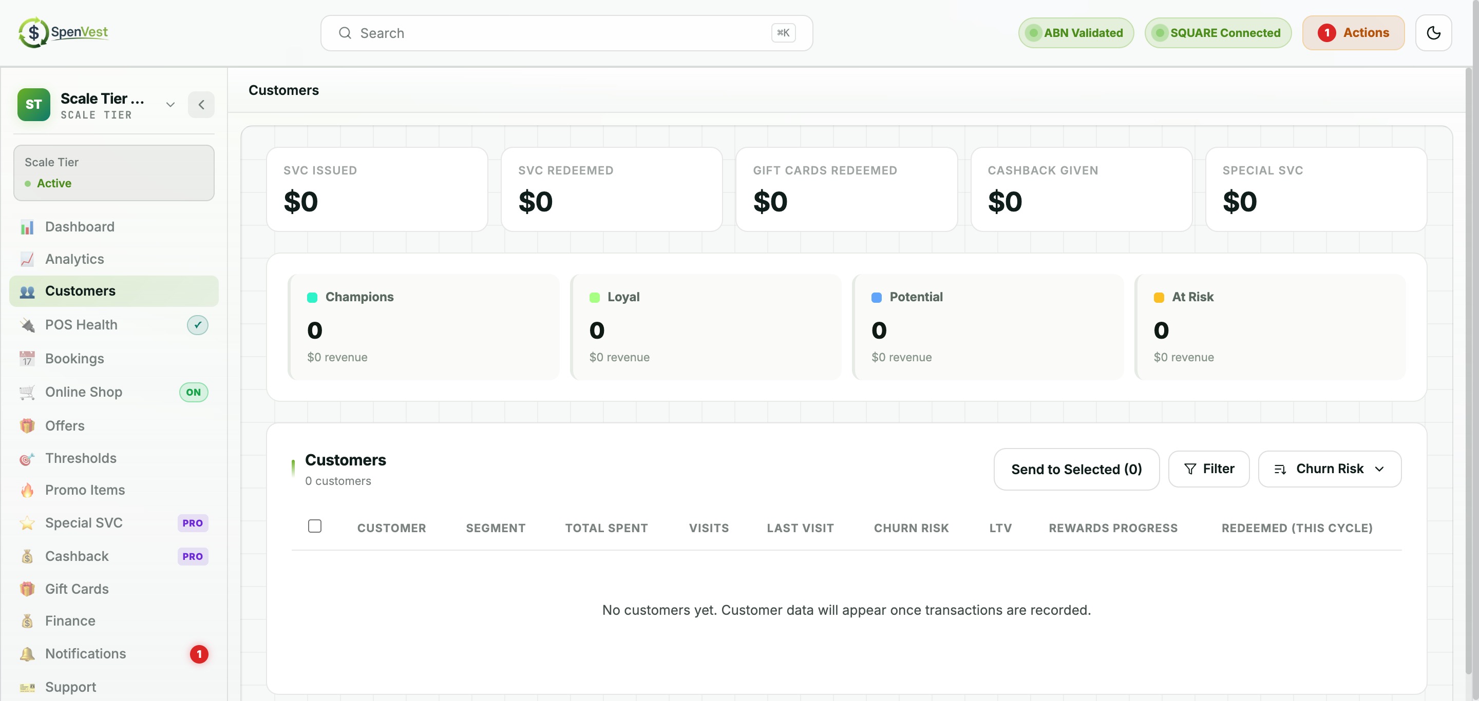Customer Insights showing segment breakdown, SVC metrics, and retention campaign builder