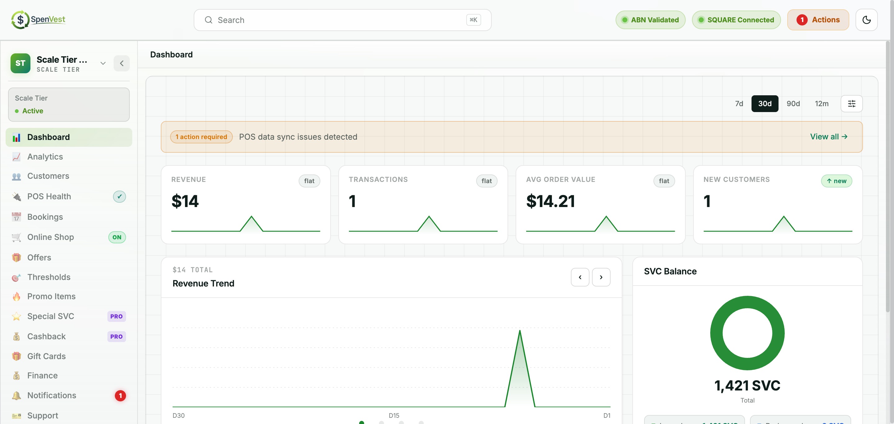 SpenVest merchant portal — dashboard overview showing revenue KPIs, revenue trend chart, SVC balance, and the full navigation sidebar