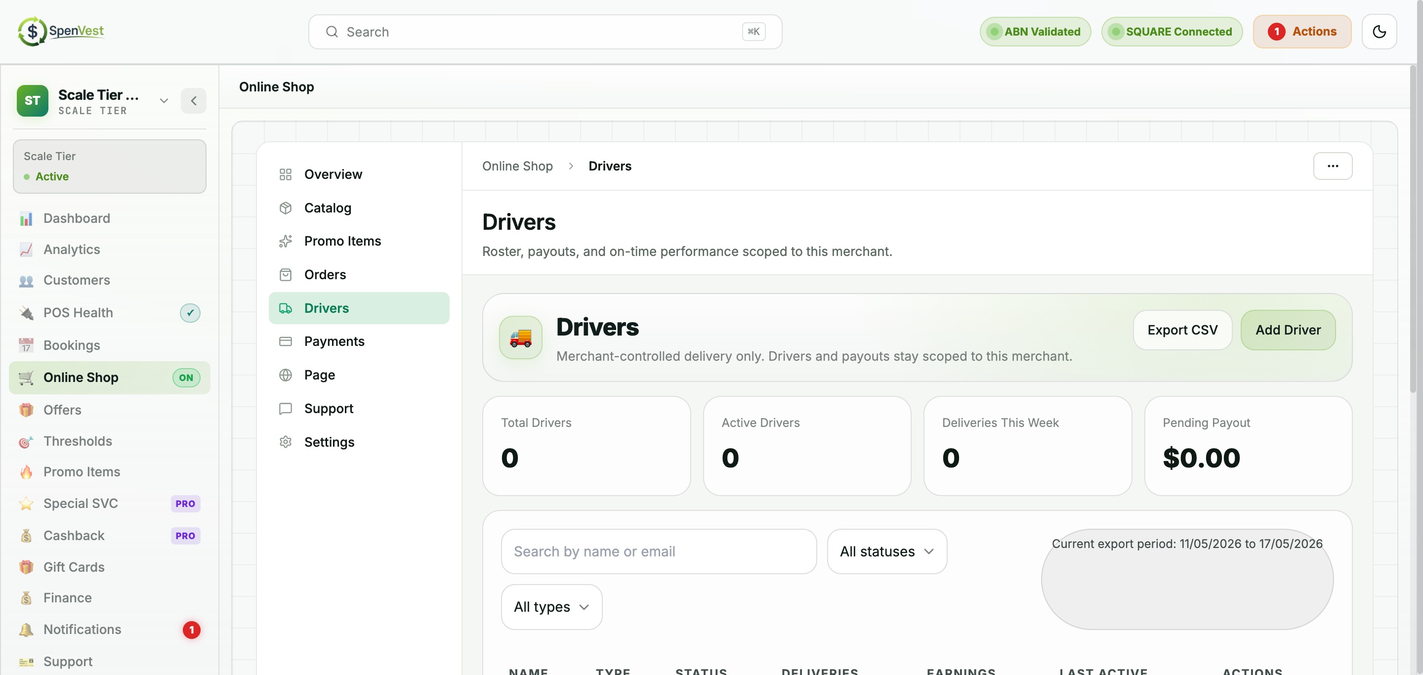 Driver management page showing driver roster and delivery assignments