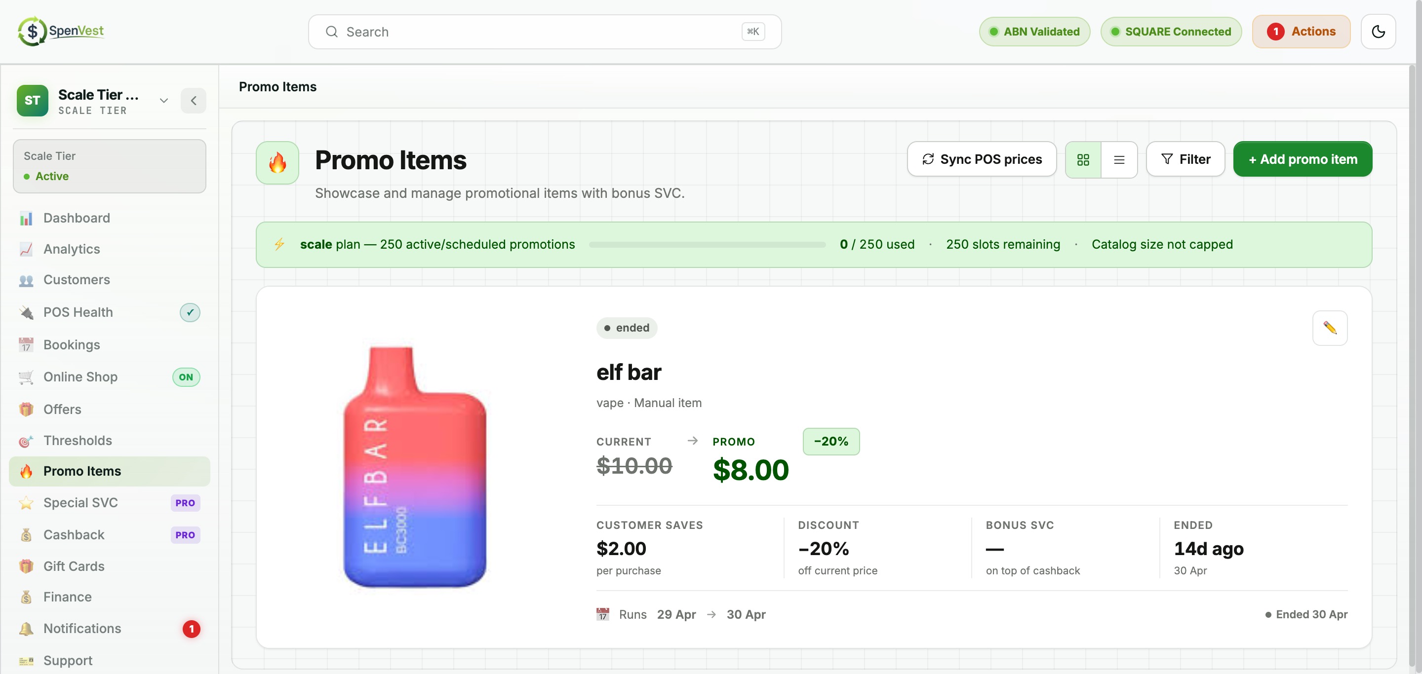 Hot Items promo management with pricing and SVC bonus configuration