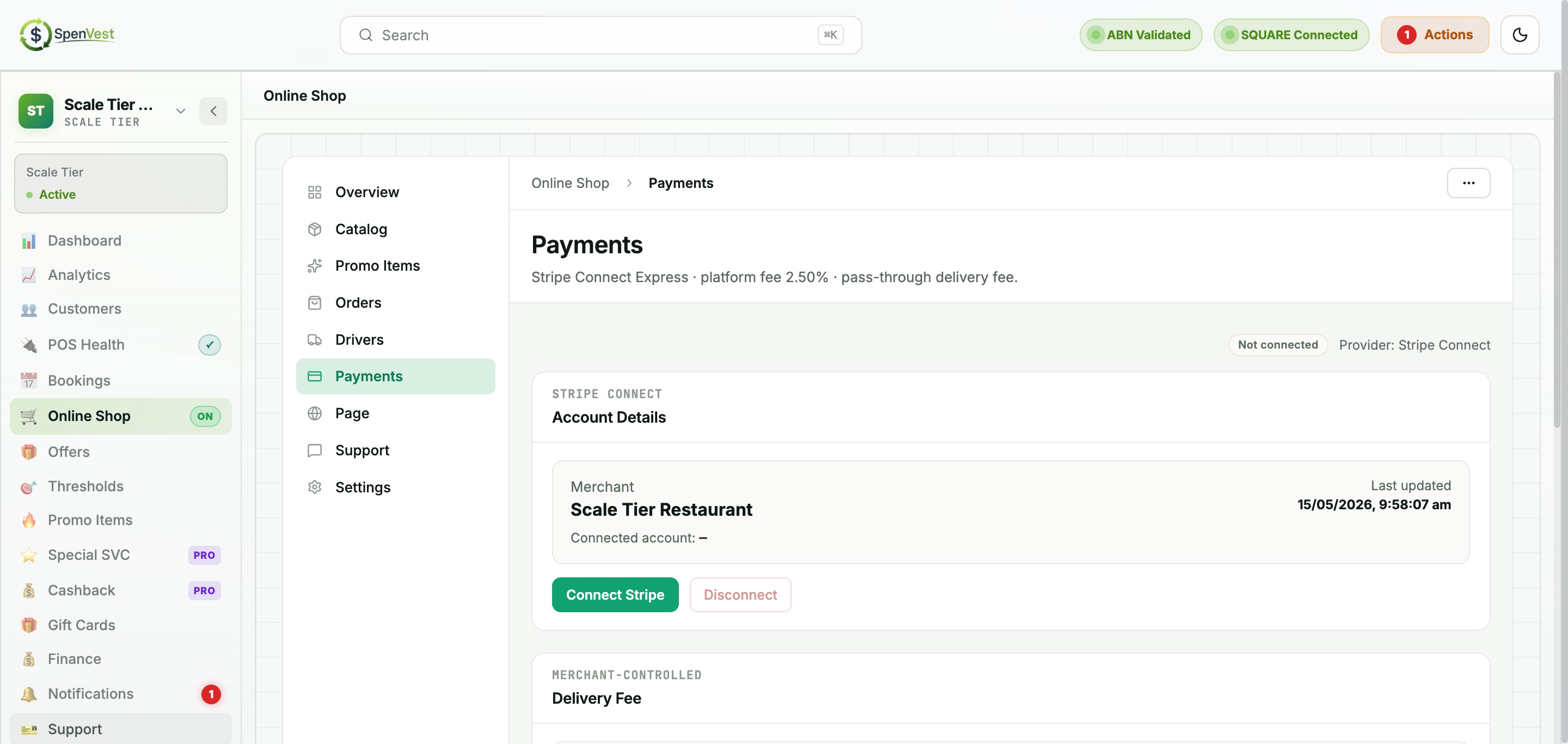 Payments connection page showing Stripe Connect-style onboarding and delivery fee configuration