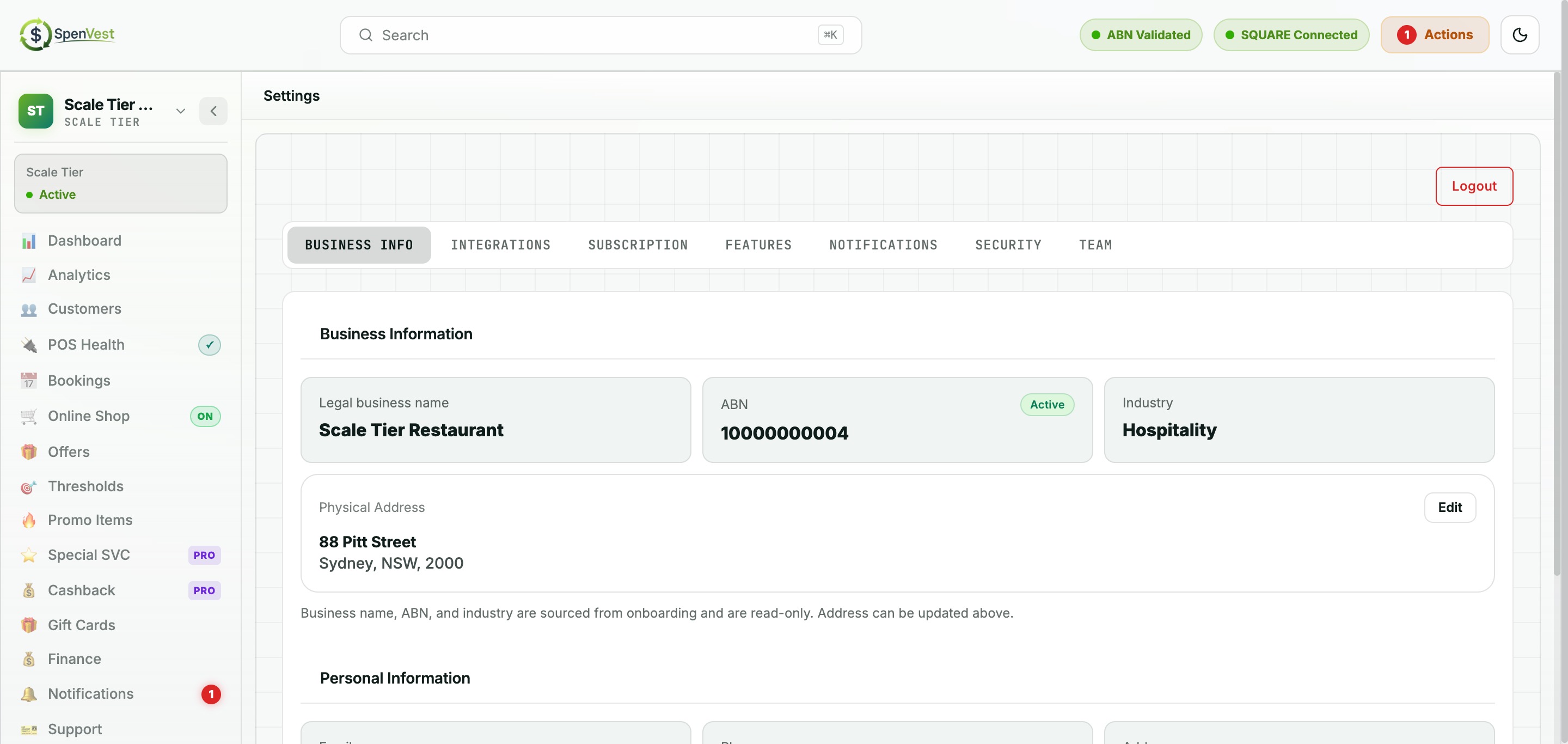 Settings page with account configuration, notifications, and compliance options