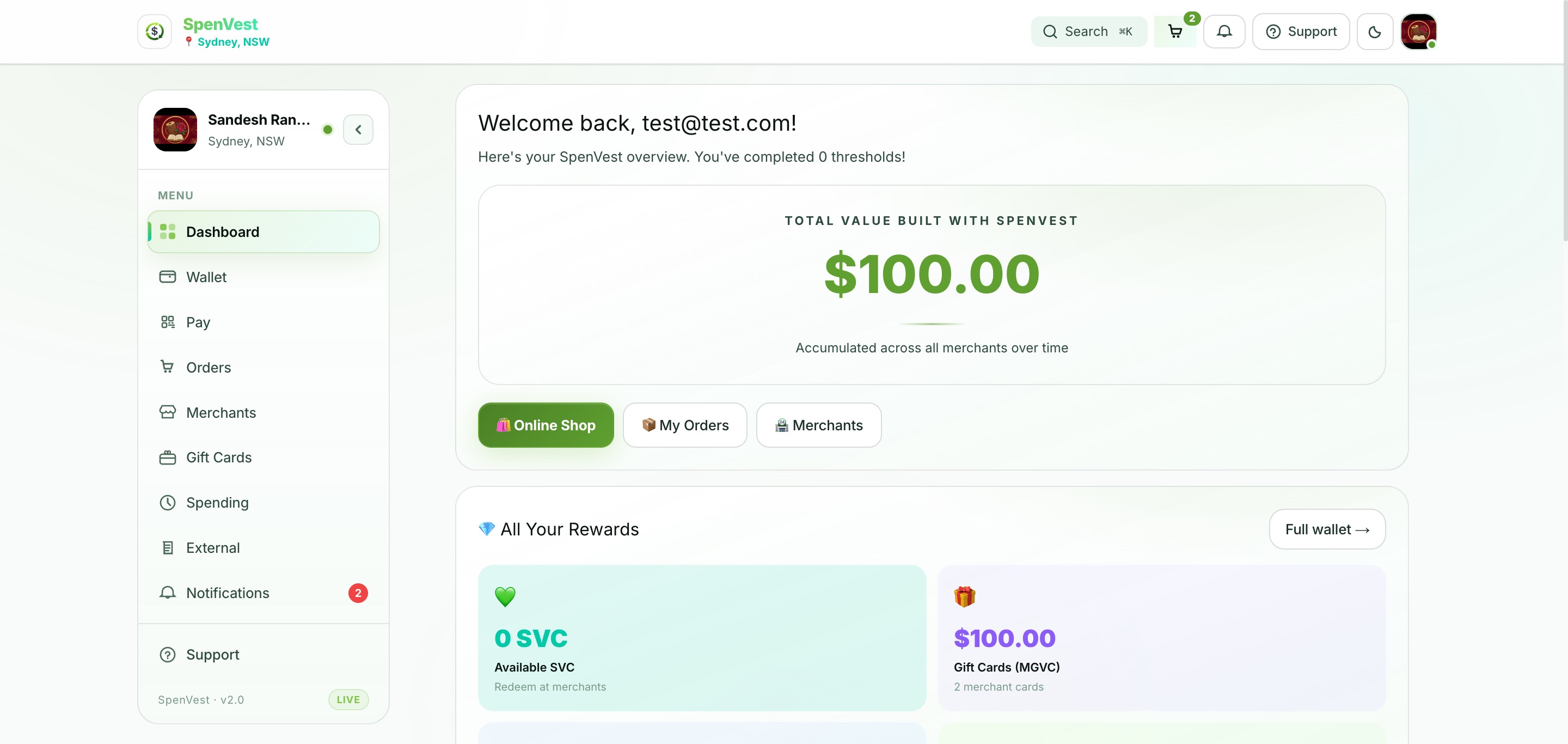 Customer dashboard with wallet total, featured promotions, and recent merchant offers