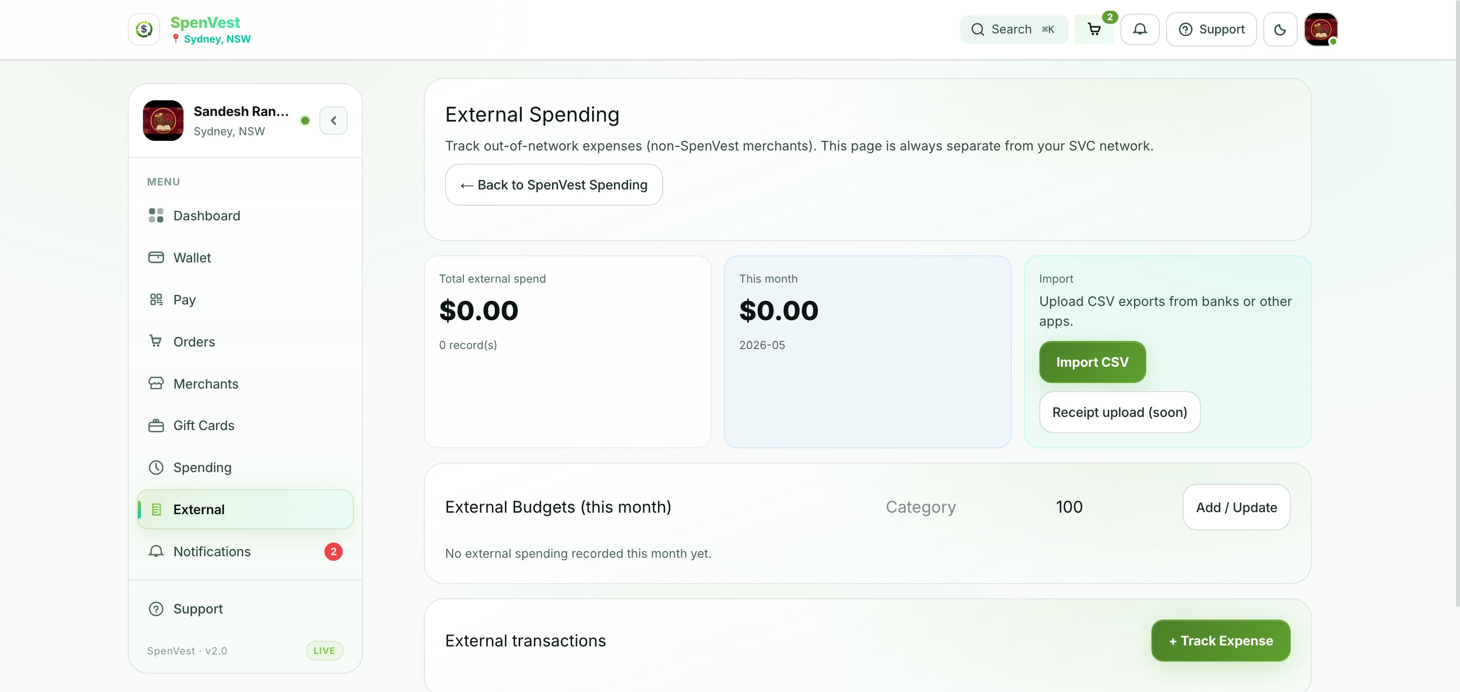 External spending tracker showing imported bank transactions and spending categories