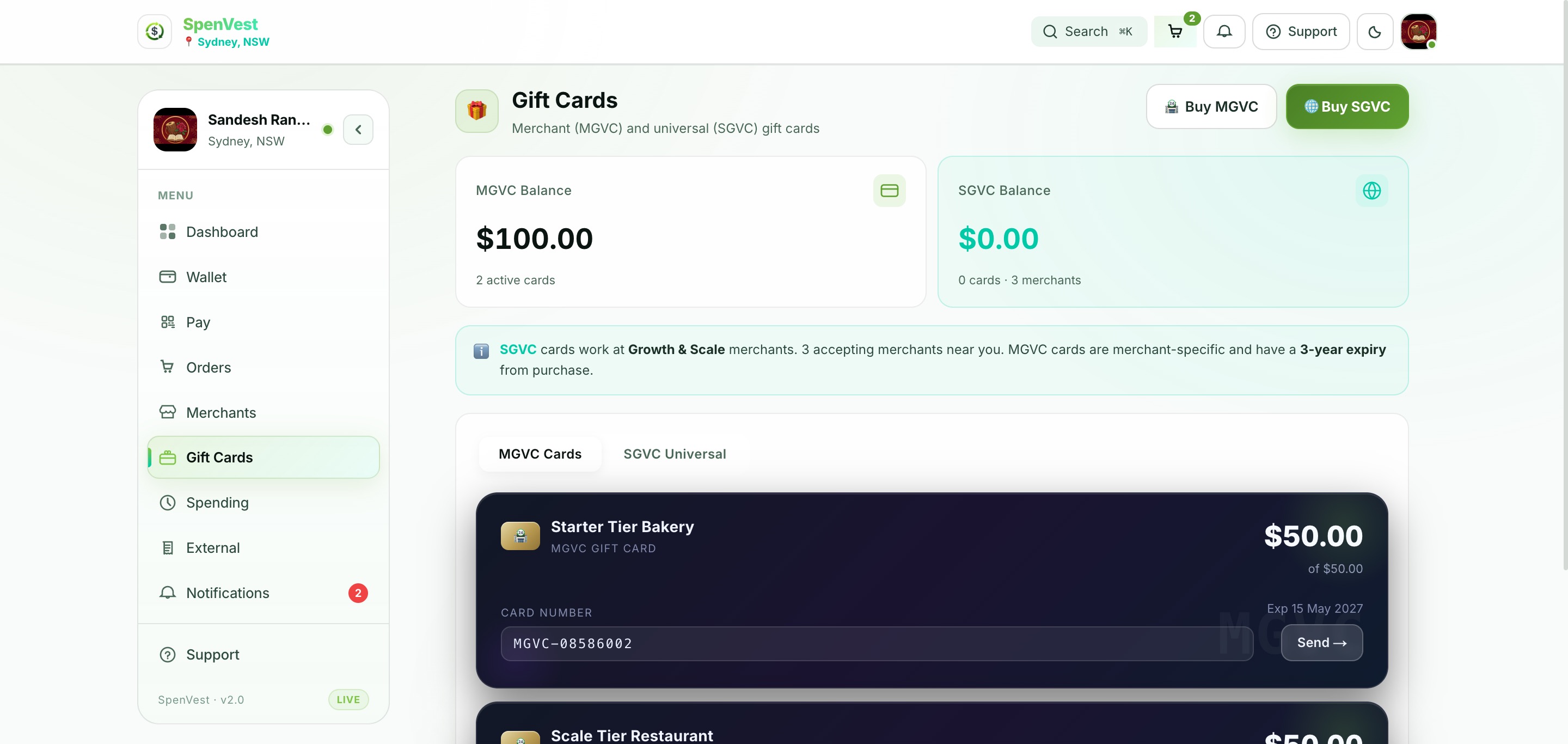 Gift cards page showing MGVC and SGVC balances, merchant-specific gift card details