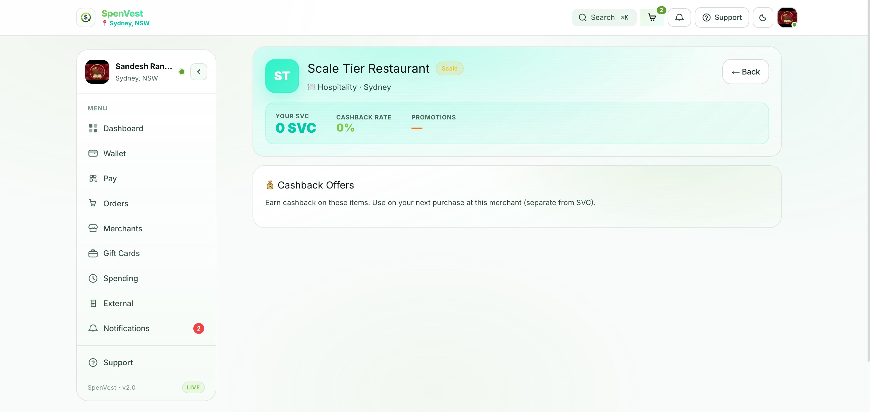 Merchant cashback offers page showing item-level cashback percentages and limits