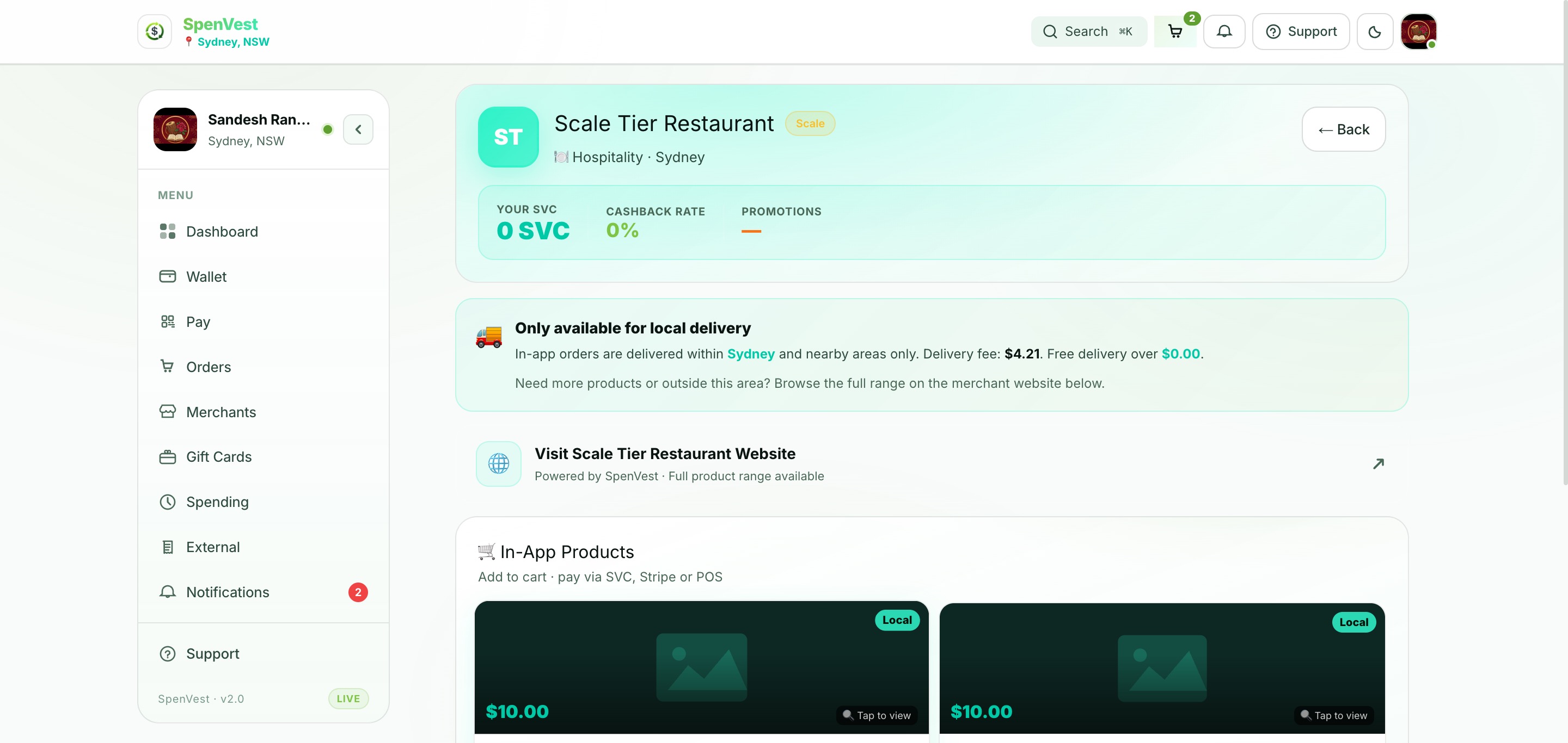 Merchant online shop showing product listings with prices, delivery options, and add-to-cart buttons