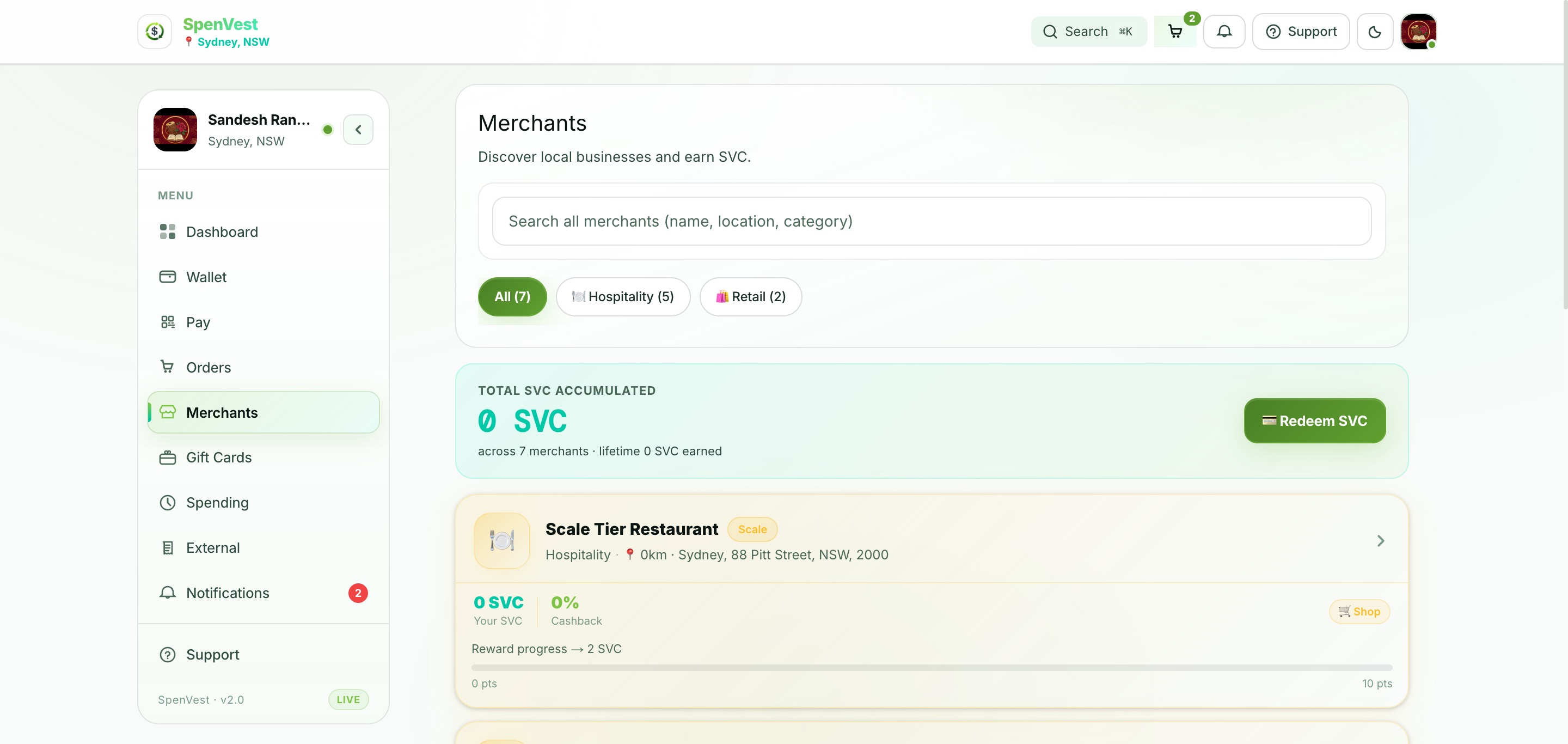 Browse merchants page showing participating merchants with categories, distance, and reward info