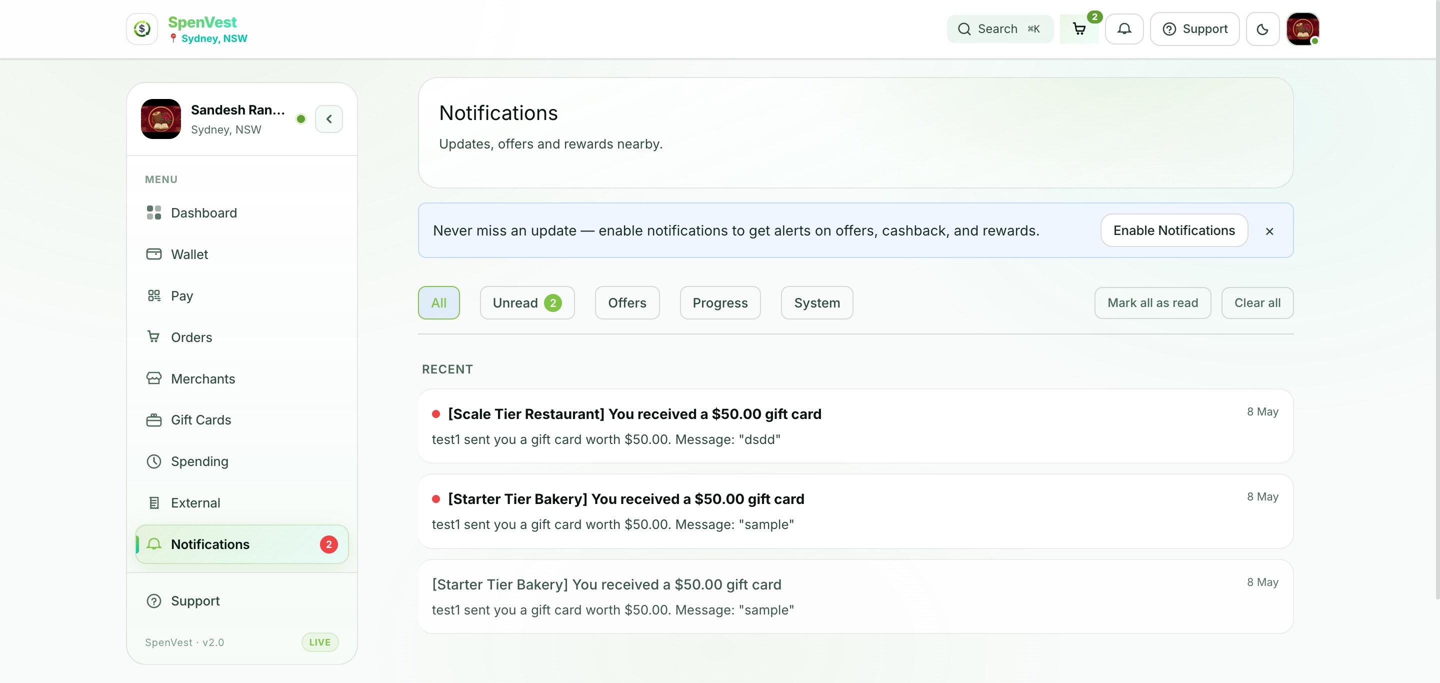 Notifications centre showing reward alerts, merchant promotions, and nearby offers