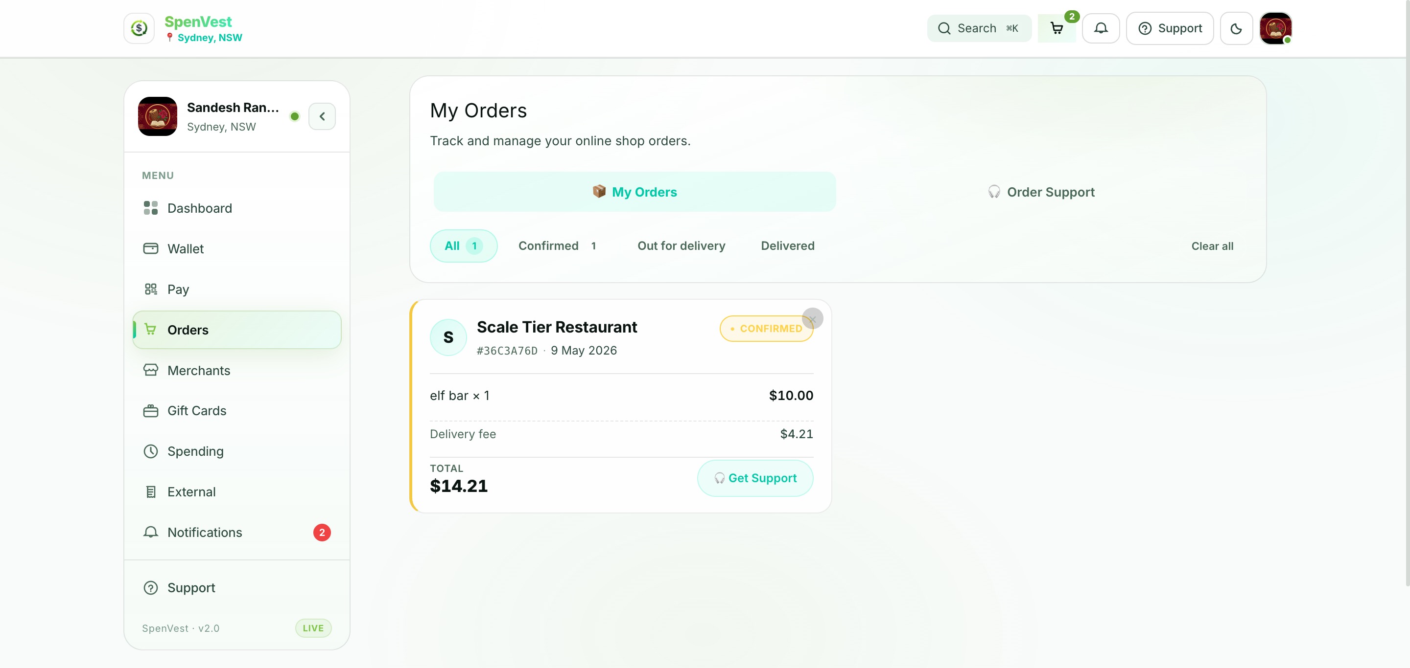 Order history page showing recent orders with status, merchant name, and order details