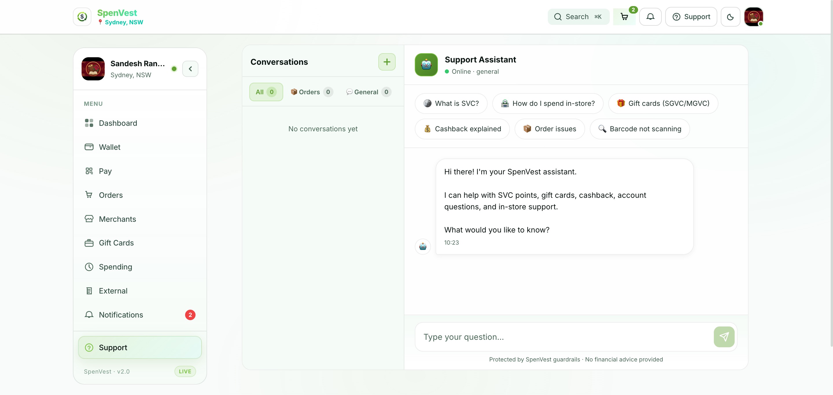 Support and help chat screen with conversation threads and quick-access help topics