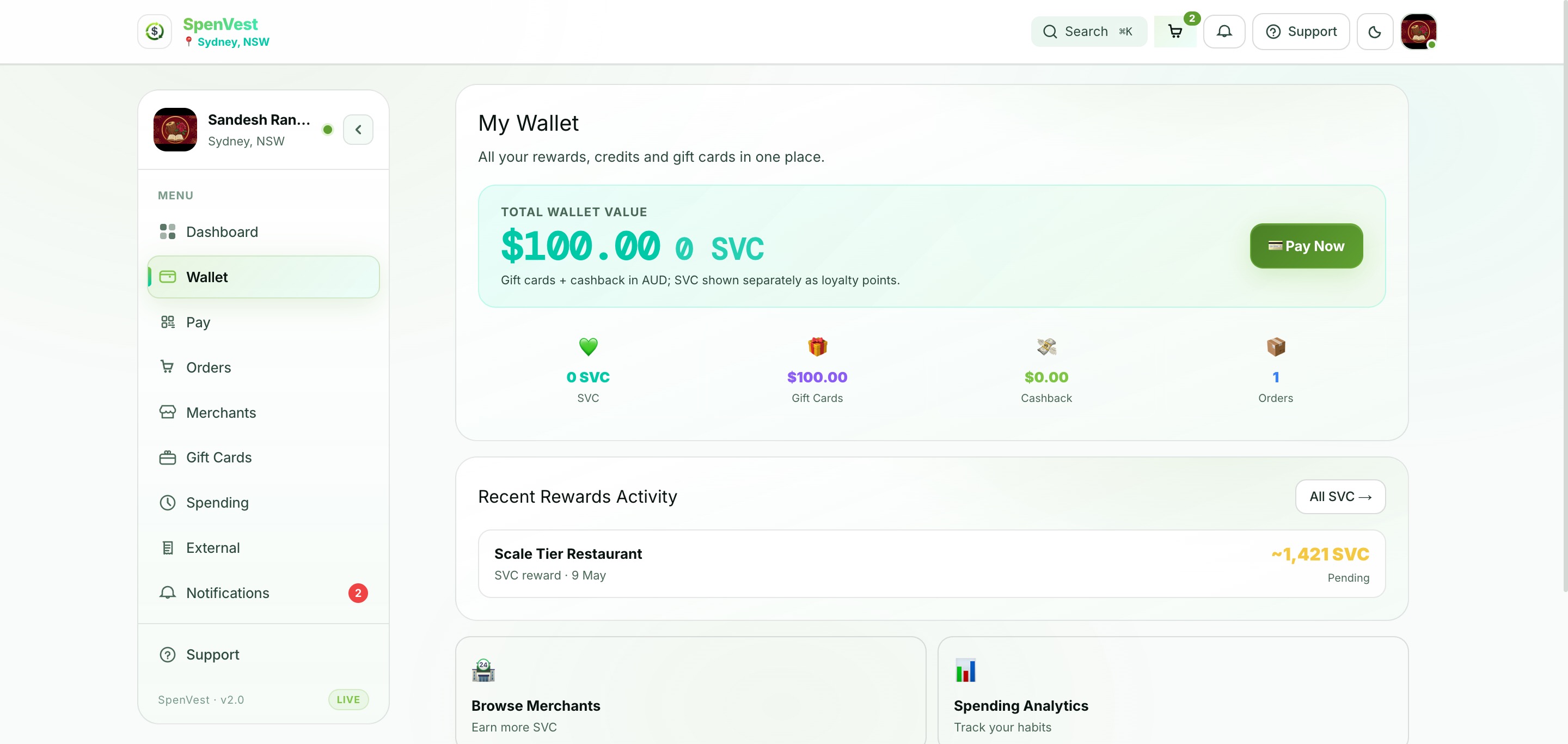 SpenVest wallet showing total value, SVC balances, gift cards, cashback, and recent rewards activity