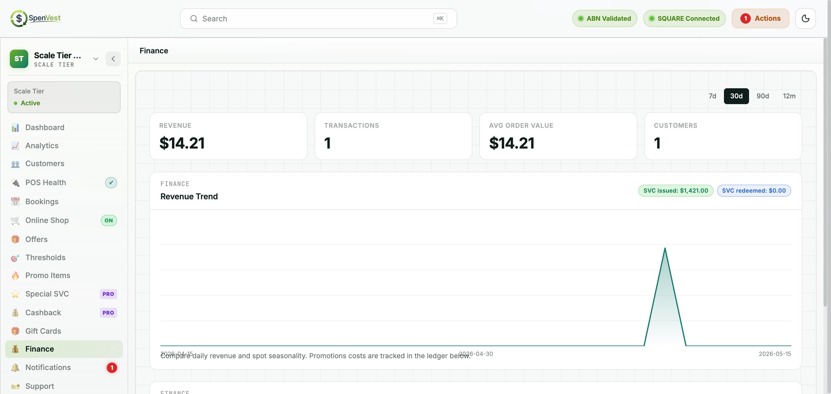 Finance page showing settlement ledger and reward transaction history