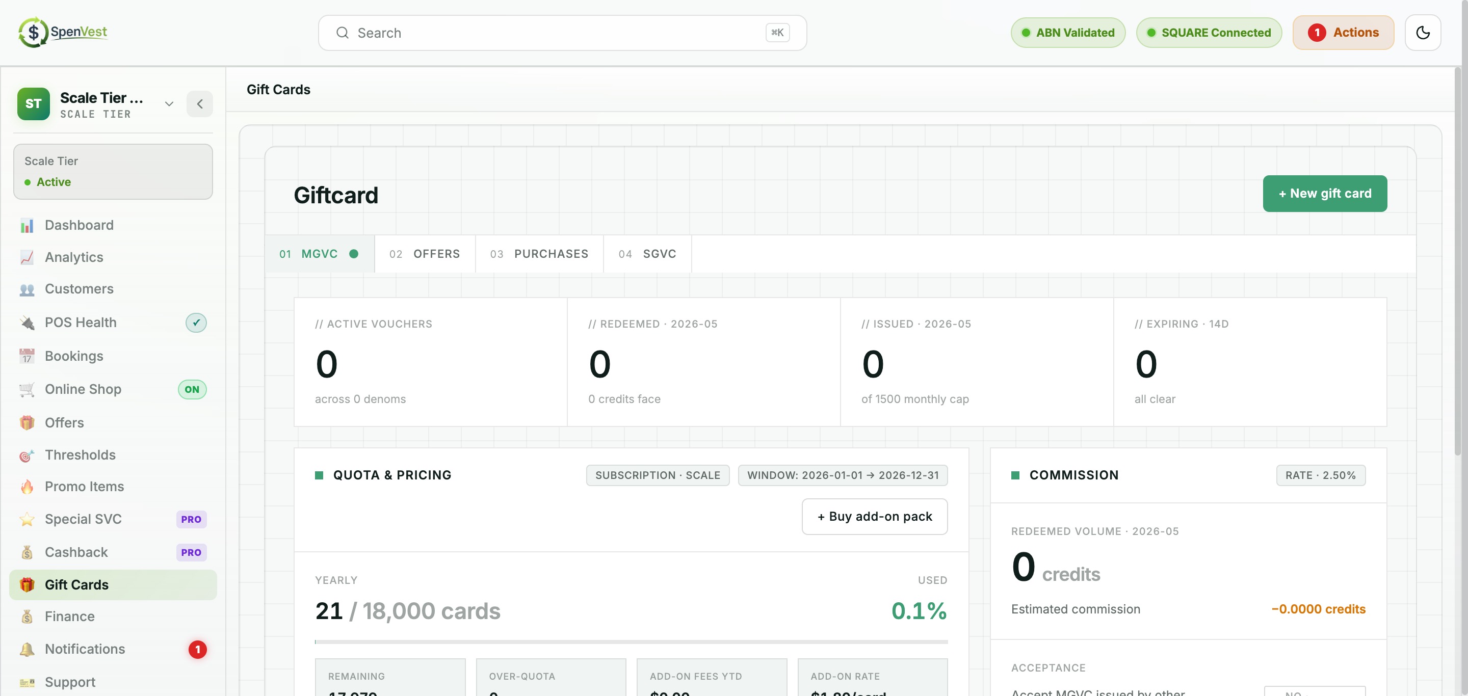 MGVC Gift Cards view showing quota usage, denominations, and creation form