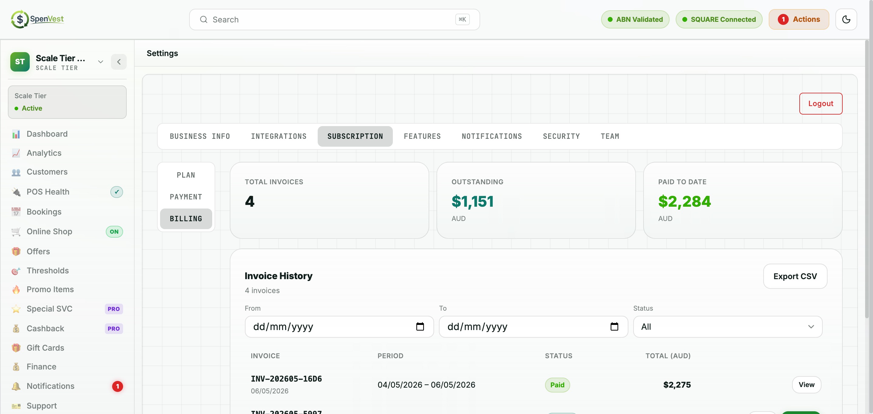 Billing and Invoices page showing invoice list with status indicators and line items