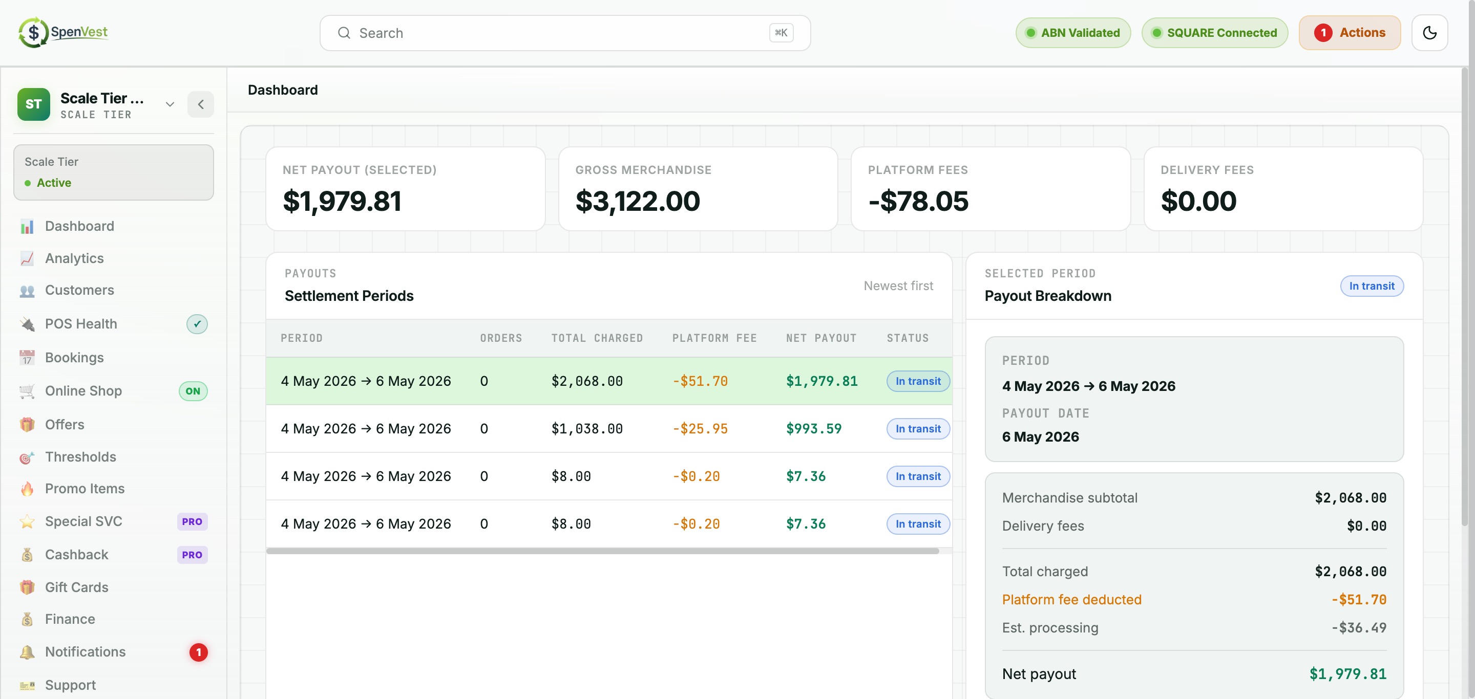 Payout records showing weekly disbursements with fees and net amounts