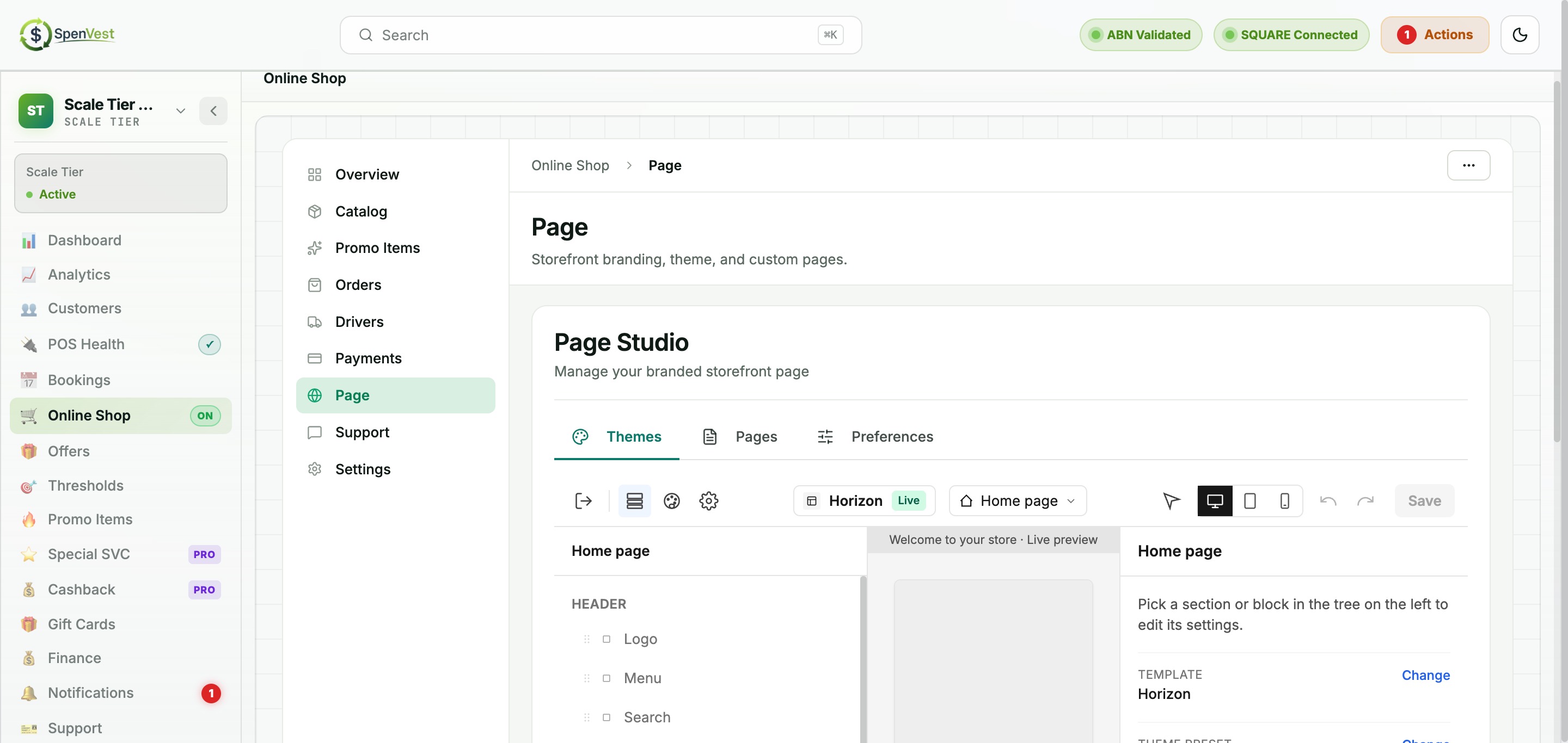Merchant subpage editor interface showing section editing controls and content blocks