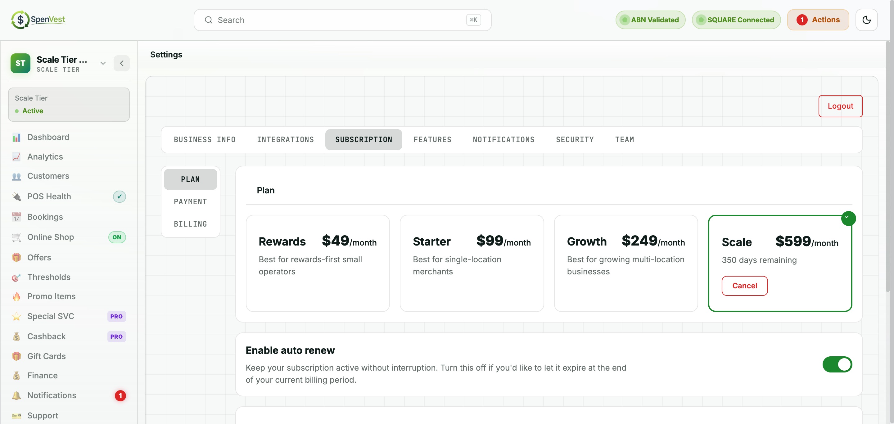 Subscription management showing plan tiers, features, and current plan details